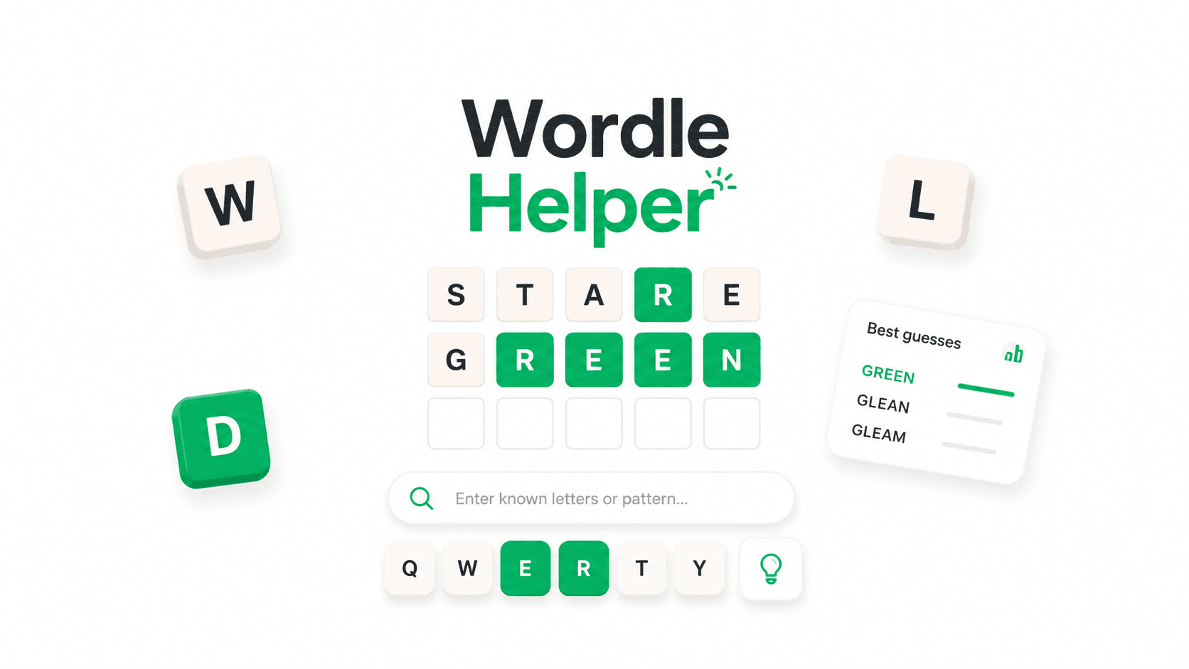 Wordle Helper interface with scattered letter tiles, a five-letter guess grid showing green and matched letters, a best-guesses list, and an on-screen keyboard