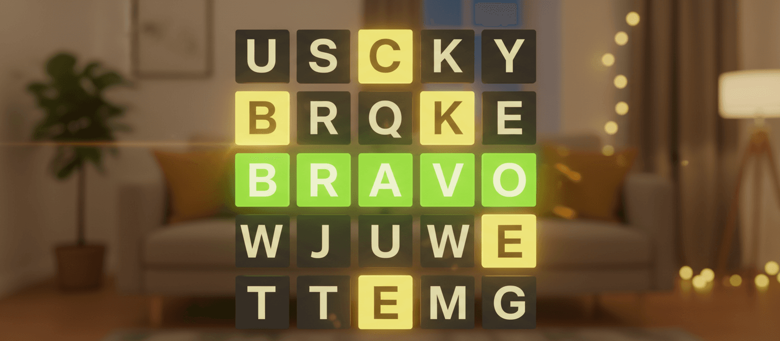 A Wordle-style board of illuminated letter tiles spelling out a winning guess